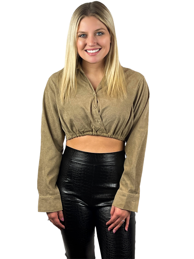 Corduroy Long Sleeve Cropped Top - Khaki