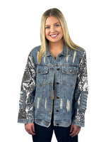 Sequin Sleeve Distressed Denim Jacket