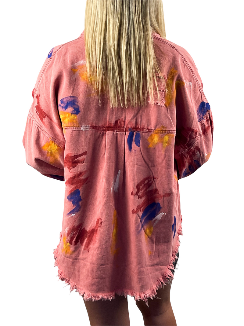 Oversized Paint Brush Detail Distressed Twill Jacket - Brick