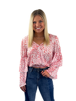 Abstract Print Tiered Sleeve Surplice Top