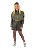 Denim Long Sleeve Cropped Top - Olive