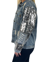 Sequin Sleeve Distressed Denim Jacket