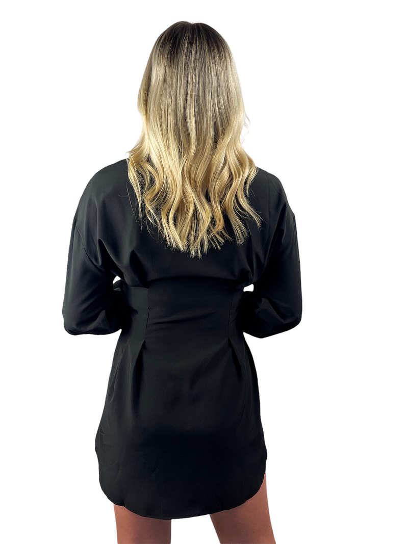 Long Sleeve Pintuck Shirt Dress - Black