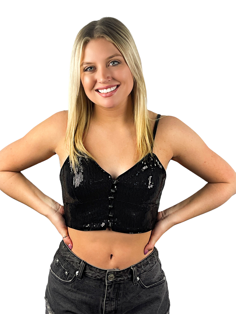 SEQUIN CROPPED CAMI - BLACK