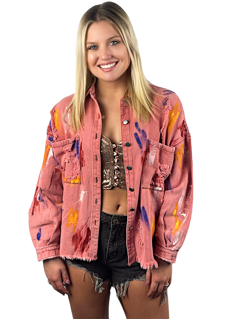 Oversized Paint Brush Detail Distressed Twill Jacket - Brick