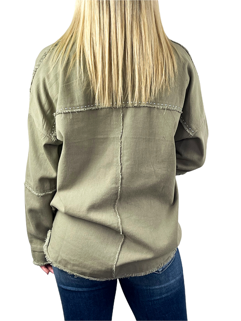 Studded Frayed Hem Shacket - Olive