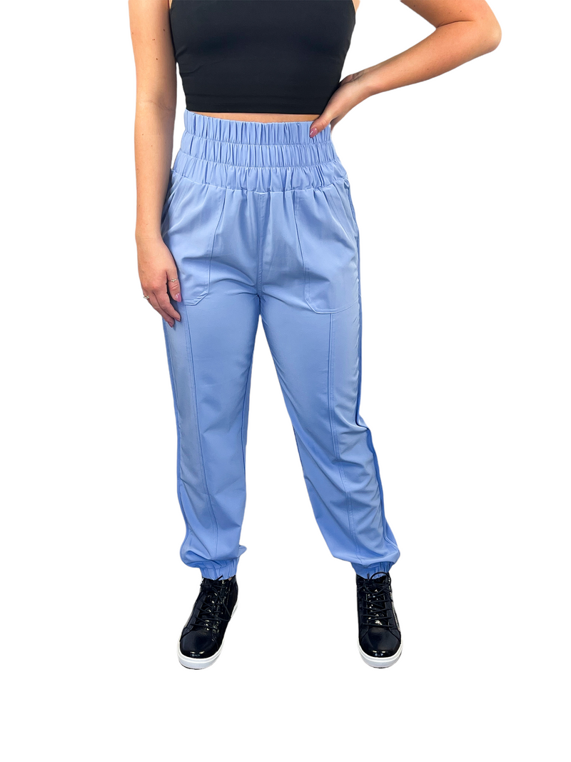 Elastic Banded High Waist Athletic Joggers - Baby Blue