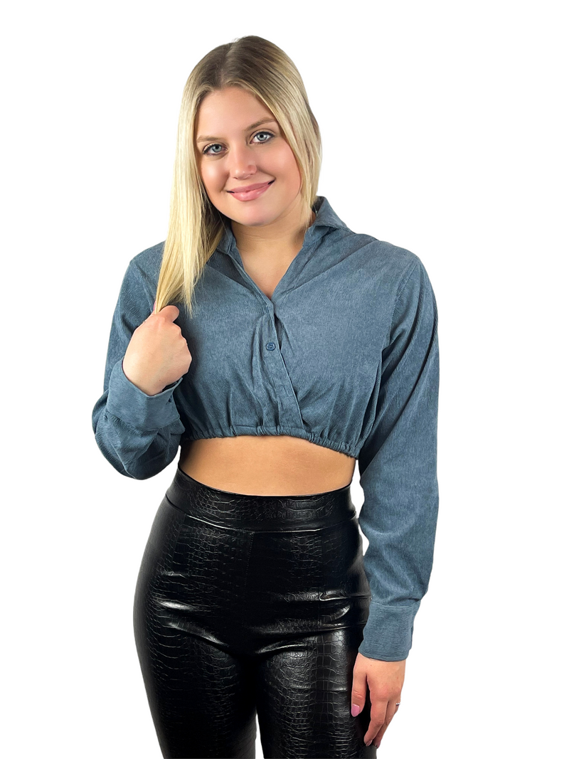 Corduroy Long Sleeve Cropped Top - Blue