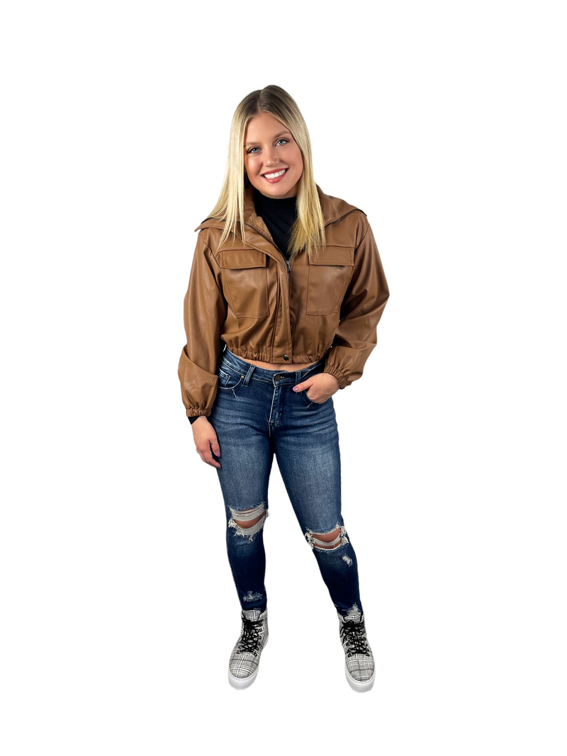 Cropped Leather Jacket - Brown