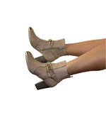 Gold Metal Detail Leather Bootie - Taupe