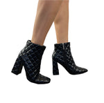 Quilted Square Toe Chunky Heel Leather Bootie - Black