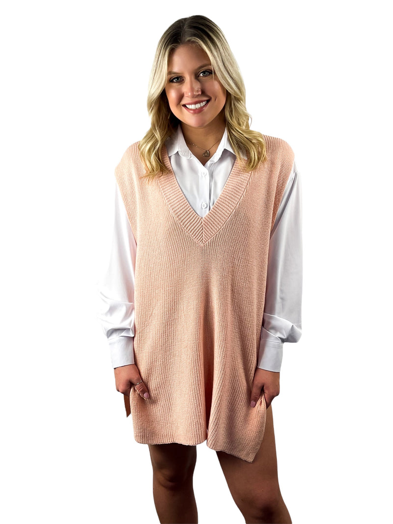 V-Neck Ribbed Side Slit Sweater - Pink