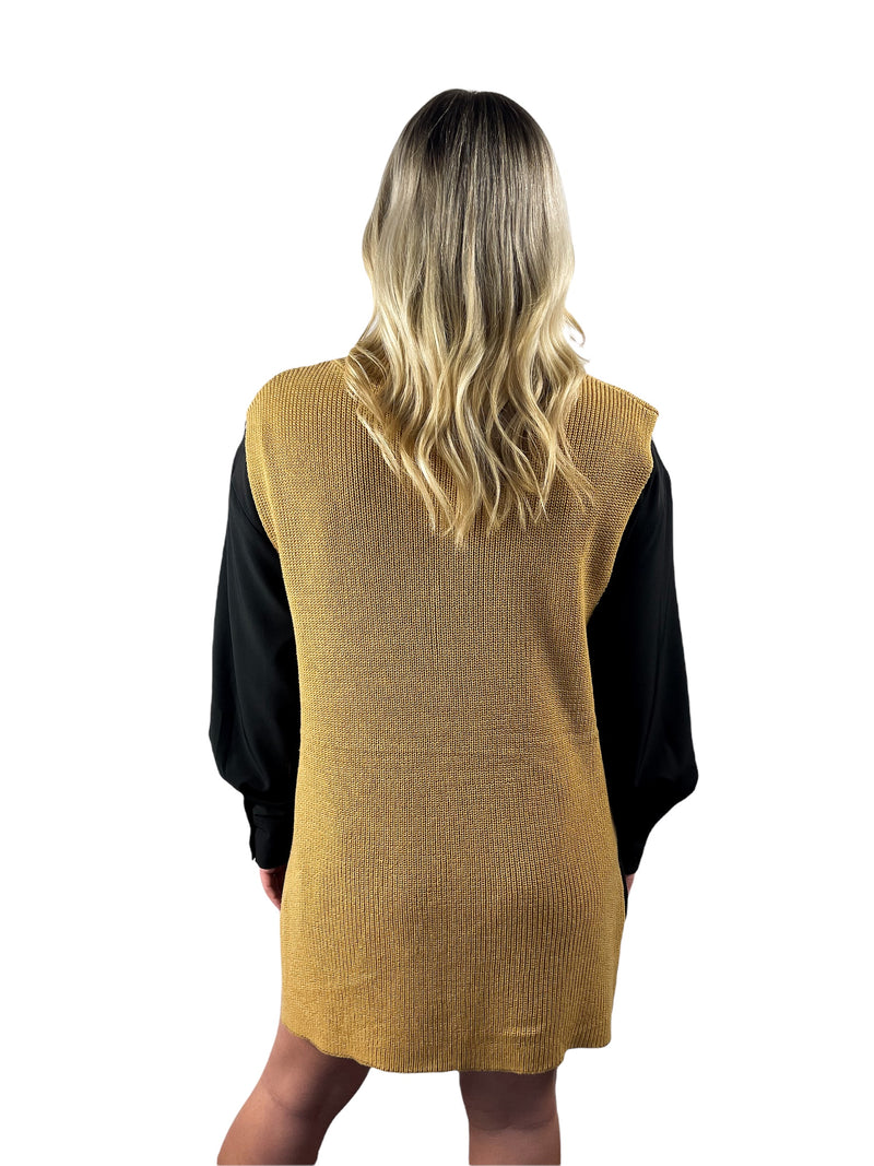 V-Neck Side Slit Ribbed Sweater - Mustard