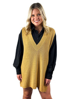 V-Neck Side Slit Ribbed Sweater - Mustard