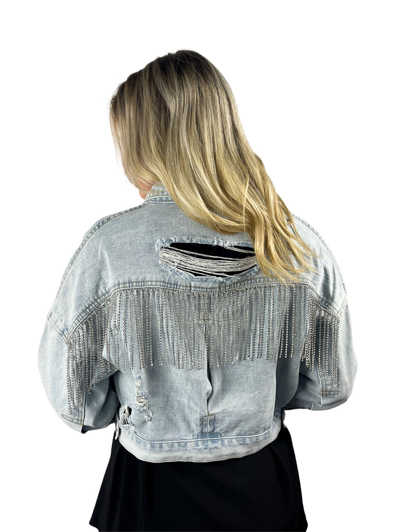 Rhinestone Fringed Cropped Denim Jacket - Light Denim