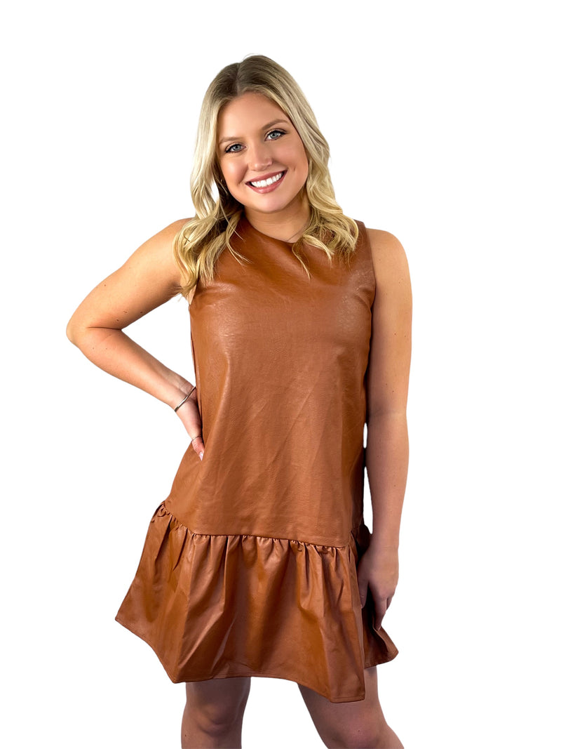 Faux Leather Ruffle Hem Dress - Camel