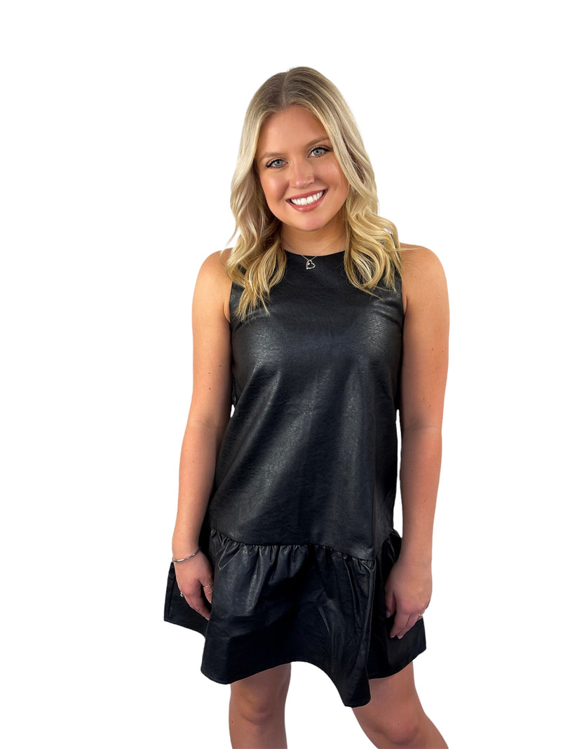 Faux Leather Ruffle Hem Dress - Black