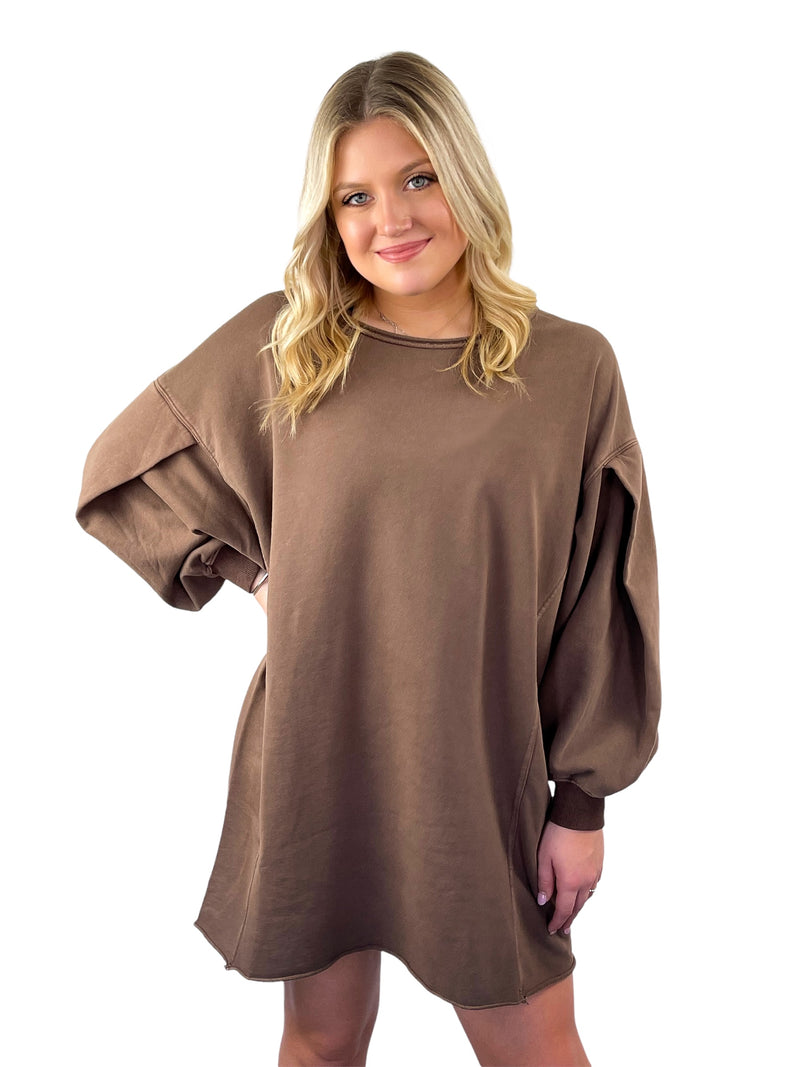 French Terry Loose Fit Sweatshirt Dress - Brown