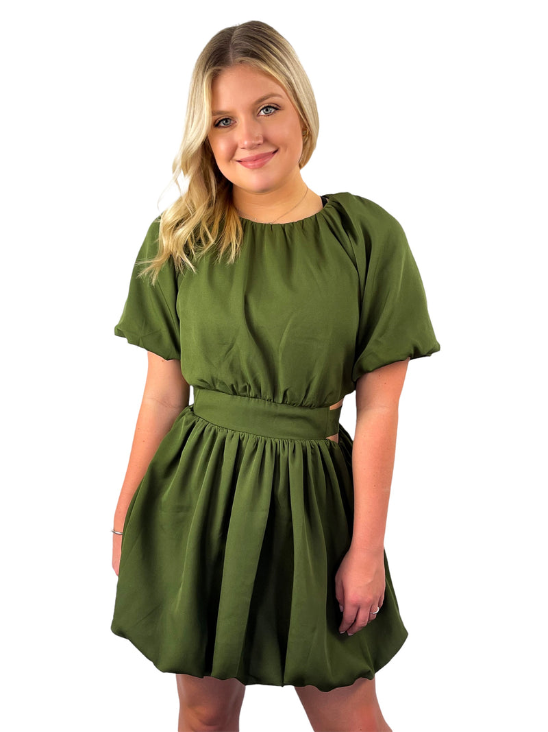 Cutout Short Sleeve Bubble Dress - Olive