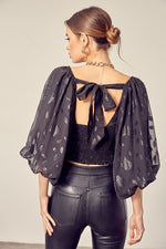 Square Neck Cropped Top With Bubble Sleeve - Black