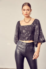 Square Neck Cropped Top With Bubble Sleeve - Black